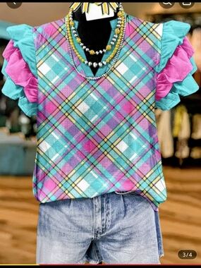 Vibrant Plaid Ruffle Sleeve Blouse